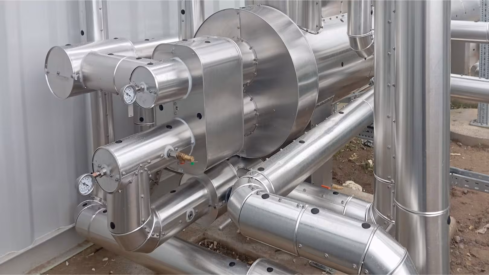 Isolierte Armaturen, Pumpen und Verteilerstation mit Edelstahl­mantel und Messgeräten – Modulbau-Skid